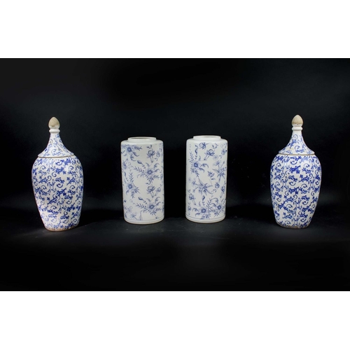 37 - TWO PAIRS OF BLUE AND WHITE PORCELAIN VASES AND CANISTERS WITH LIDS, 45cm H.(QTY 4)