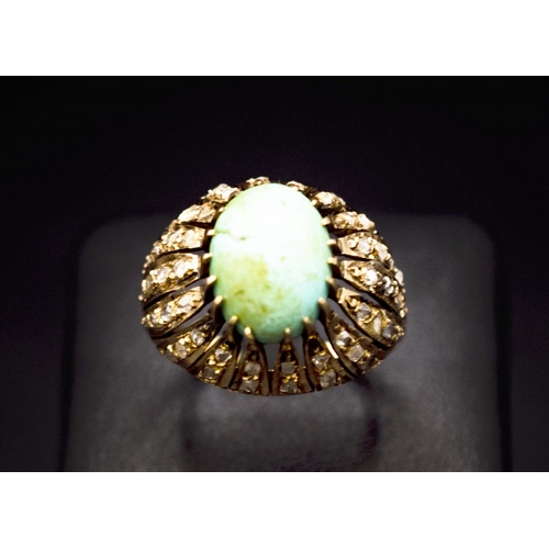 38 - LARGE HIGH CARAT YELLOW GOLD VINTAGE COCKTAIL RING, set with a large turquoise and rose-cut diamonds... 