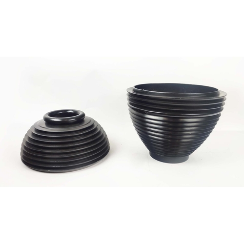 4 - VASES, a pair, black ridged wood, each separating at the centre. (2)