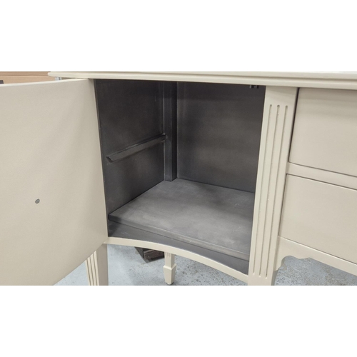 411 - SIDEBOARD, 152.5cm x 43.5cm x 81.5cm, grey painted, two cabinet compartments, flanking two central d... 