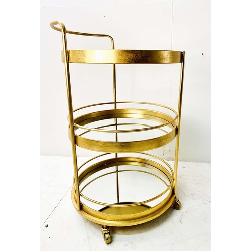 421 - DRINKS TROLLEY, gilt metal with three glass tiered shelves, 98cm H x 57cm W x 57cm D.