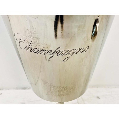 422 - CHAMPAGNE BUCKET ON STAND, engraved polished metal, 77cm H x 33cm W x 33cm D.