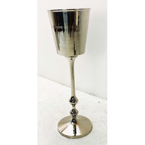 422 - CHAMPAGNE BUCKET ON STAND, engraved polished metal, 77cm H x 33cm W x 33cm D.