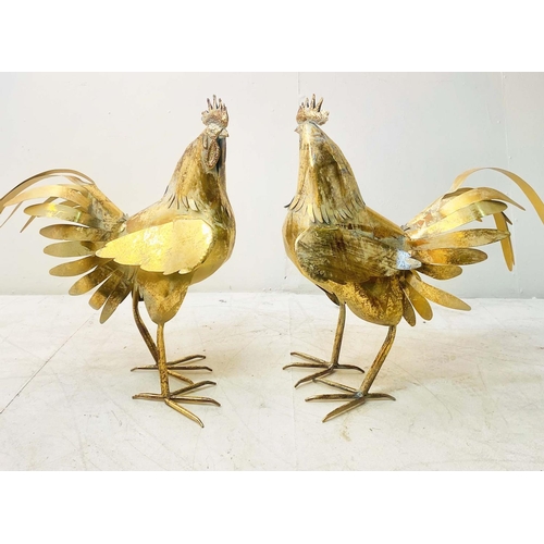 423 - CONTEMPORARY SCHOOL COCKEREL SCLPTURES, a pair, gilt metal, 60cm H x 52cm W x 22cm D. (2)