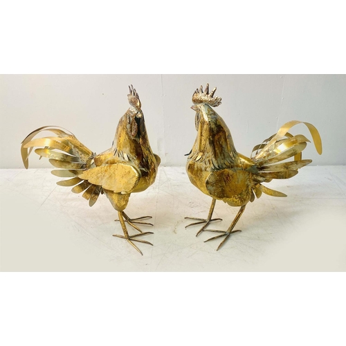 423 - CONTEMPORARY SCHOOL COCKEREL SCLPTURES, a pair, gilt metal, 60cm H x 52cm W x 22cm D. (2)