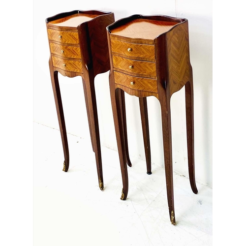 424 - BEDSIDE TABLES, a pair, Transitional style kingwood, with three drawers on slender supports, 73cm H ... 