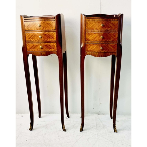 424 - BEDSIDE TABLES, a pair, Transitional style kingwood, with three drawers on slender supports, 73cm H ... 