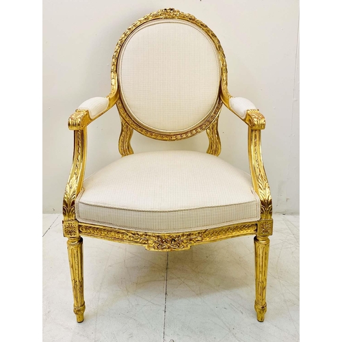 425 - FAUTEUIL, Louis XVI style, giltwood show frame with neutral upholstery, 105cm H x 63cm W x 55cm D