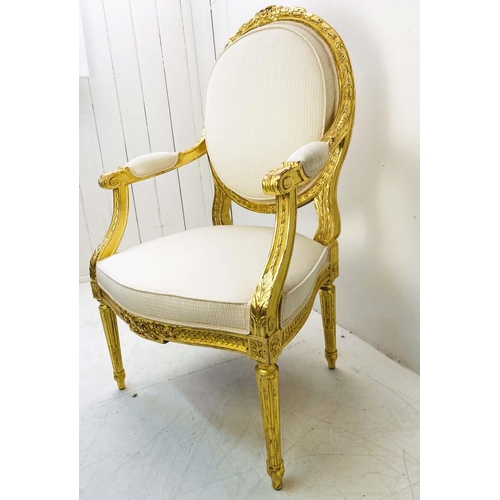 425 - FAUTEUIL, Louis XVI style, giltwood show frame with neutral upholstery, 105cm H x 63cm W x 55cm D