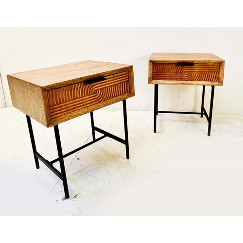 429 - SIDE TABLES, a pair, 1960s style wooden with single geometric design drawers, 51cm H x 36cm W x 48cm... 