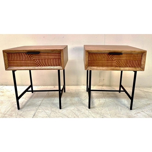 429 - SIDE TABLES, a pair, 1960s style wooden with single geometric design drawers, 51cm H x 36cm W x 48cm... 