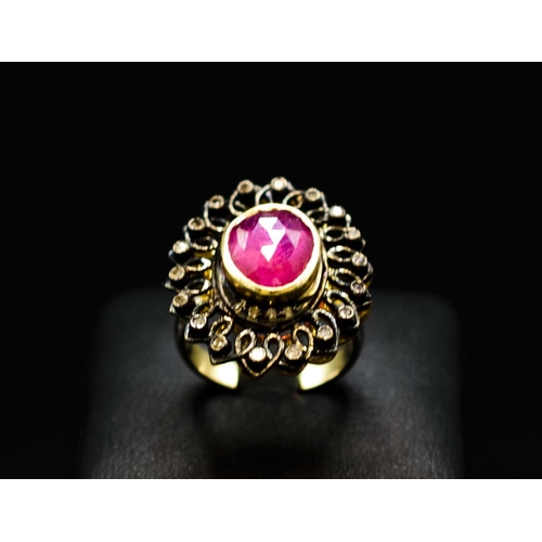 43 - SILVER GILT RUBY AND DIAMOND VINTAGE-STYLE DRESS RING, mixed oval rose-cut ruby 3.30ct. Diamonds 0.2... 