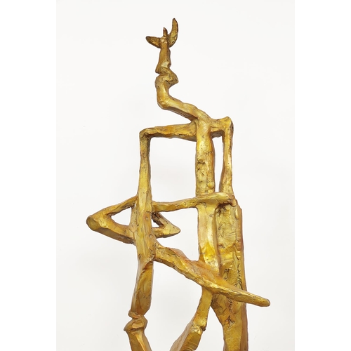 435 - CONTEMPORARY SCHOOL ABSTRACT SCULPTURE, gold painted bronze on a metal base, 168cm H x 60cm.