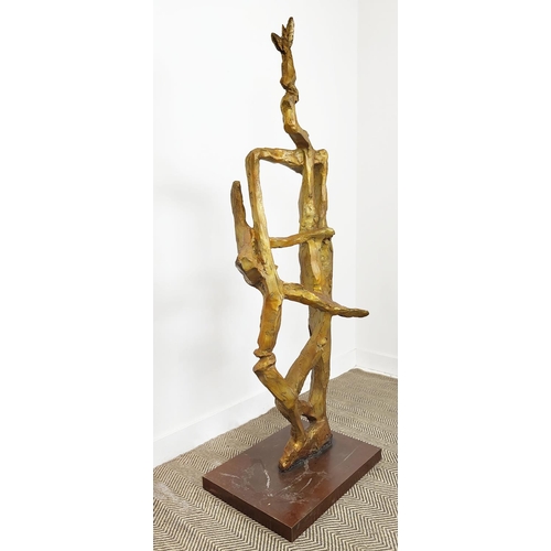 435 - CONTEMPORARY SCHOOL ABSTRACT SCULPTURE, gold painted bronze on a metal base, 168cm H x 60cm.