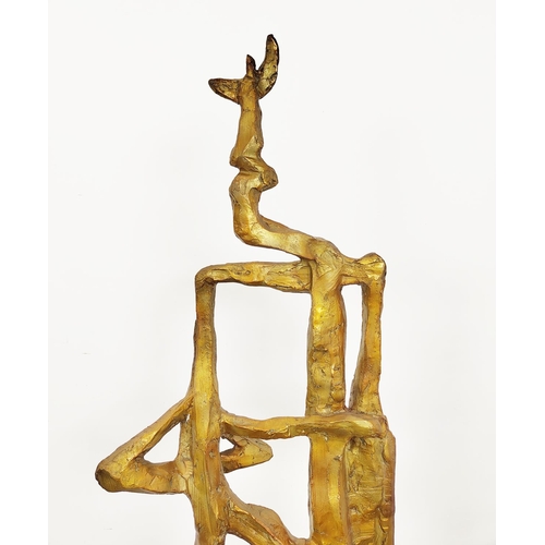 435 - CONTEMPORARY SCHOOL ABSTRACT SCULPTURE, gold painted bronze on a metal base, 168cm H x 60cm.