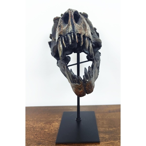 450 - CONTEMPORARY SCHOOL T REX SCULPTURAL HEAD, resin, on a stand, 30cm H x 15cm x 25cm.