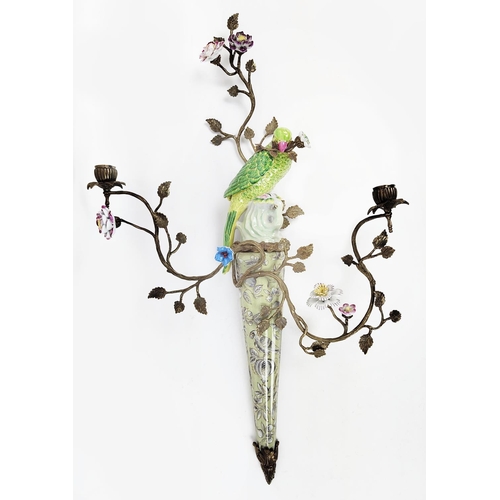 453 - WALL SCONCES, a pair, ceramic parrot and gilt metal, 78cm H x 58cm. (2)