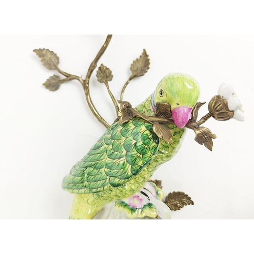 453 - WALL SCONCES, a pair, ceramic parrot and gilt metal, 78cm H x 58cm. (2)