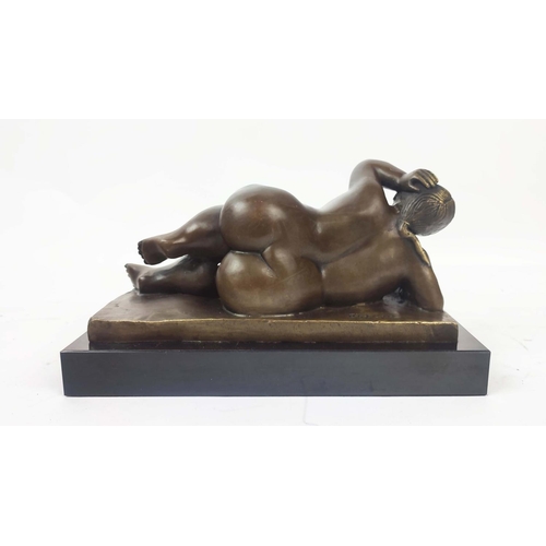 456 - CONTEMPORARY SCHOOL SCULPTURE, reclining female nude in bronze, 15cm H x 26cm x 12cm.