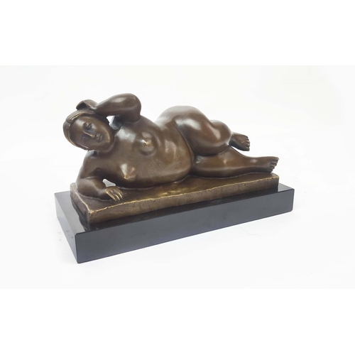 456 - CONTEMPORARY SCHOOL SCULPTURE, reclining female nude in bronze, 15cm H x 26cm x 12cm.