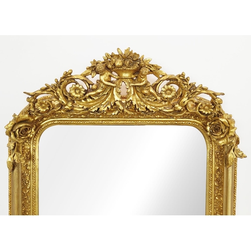 458 - OVERMANTEL MIRROR, bevelled plate within ornate gilt frame with cherub crest, 158cm H x 88cm.