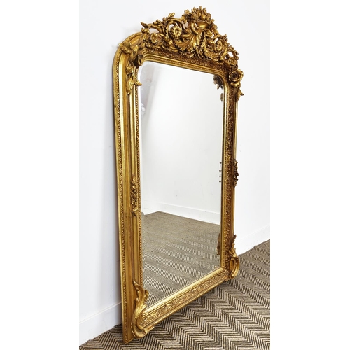 458 - OVERMANTEL MIRROR, bevelled plate within ornate gilt frame with cherub crest, 158cm H x 88cm.