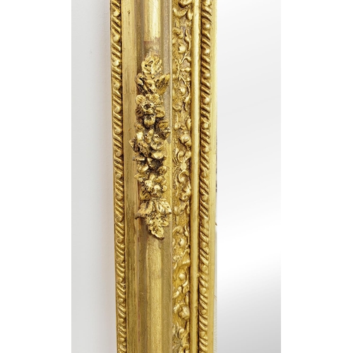 458 - OVERMANTEL MIRROR, bevelled plate within ornate gilt frame with cherub crest, 158cm H x 88cm.