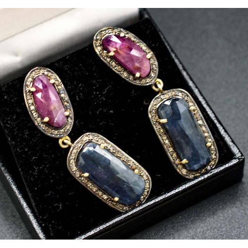 46 - LARGE ARTICULATED PAIR OF MIXED ROSE-CUT RED AND BLUE SAPPHIRE DROP EARRINGS, in silver gilt, boxed.... 