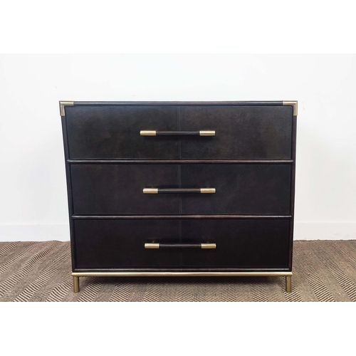 460 - CHEST, leathered and gilt metal with three long drawers, 87cm H x 100cm x 46cm.