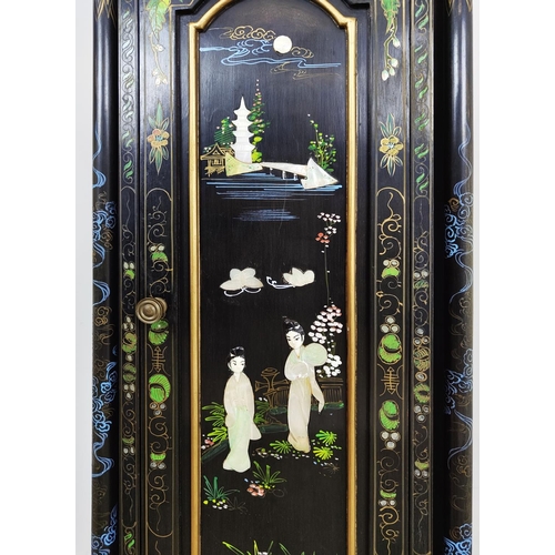 462 - LONGCASE CLOCK, Chinoiserie style painted decoration, 198cm H x 46cm x 26cm.