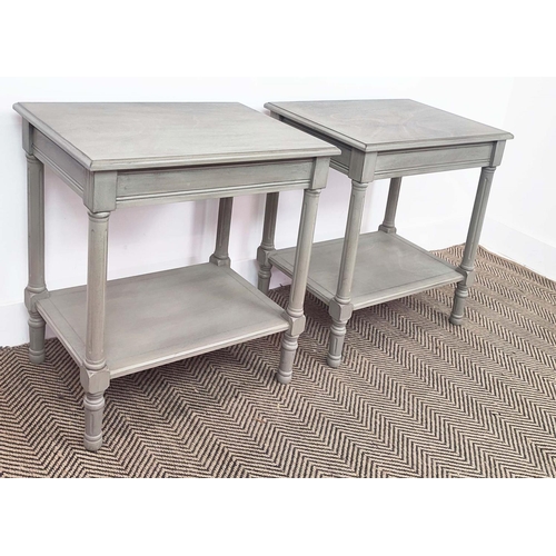 466 - SIDE TABLES, a pair, grey painted with undertier, each 60cm x 40cm x 62cm H. (2)