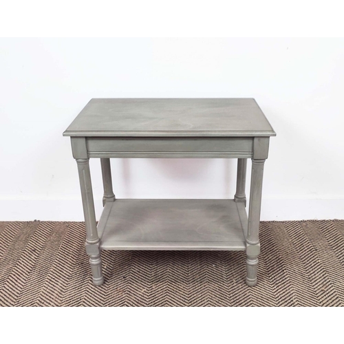 466 - SIDE TABLES, a pair, grey painted with undertier, each 60cm x 40cm x 62cm H. (2)