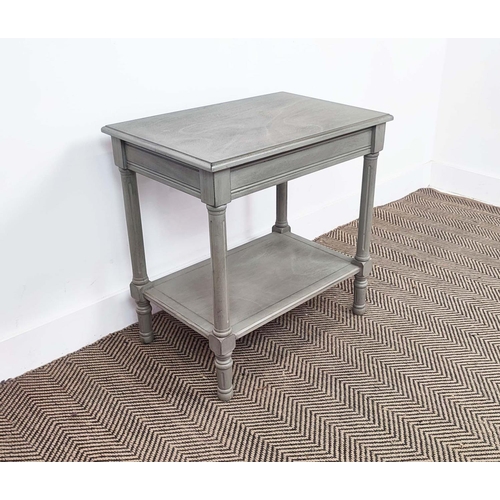 466 - SIDE TABLES, a pair, grey painted with undertier, each 60cm x 40cm x 62cm H. (2)