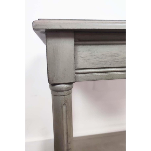 466 - SIDE TABLES, a pair, grey painted with undertier, each 60cm x 40cm x 62cm H. (2)