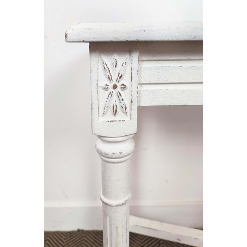 469 - CONSOLE TABLE, distressed white painted, with carved detail, 112cm x 41cm x 78cm H.