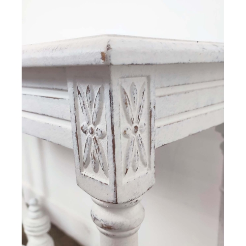 469 - CONSOLE TABLE, distressed white painted, with carved detail, 112cm x 41cm x 78cm H.