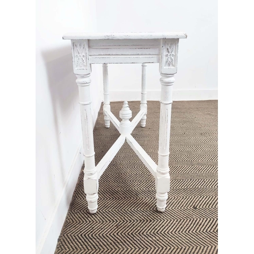 469 - CONSOLE TABLE, distressed white painted, with carved detail, 112cm x 41cm x 78cm H.