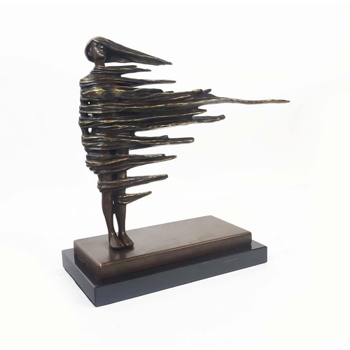 476 - CONTEMPORARY SCHOOL SCULPTURE, of a lady in the wind, in bronze, 38cm H x 40cm.