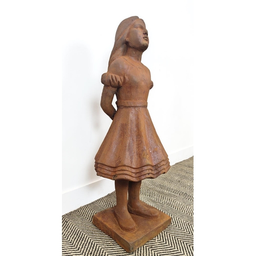 483 - ALICE IN WONDERLAND GARDEN SCULPTURE, cast iron with an oxidised finish, 100cm H x 40cm x 35cm.