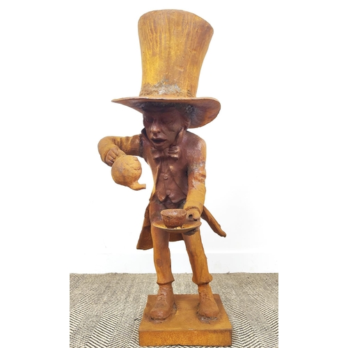 484 - MAD HATTER GARDEN SCULPTURE, cast iron with an oxidised finish, 108cm H x 45cm x 60cm.