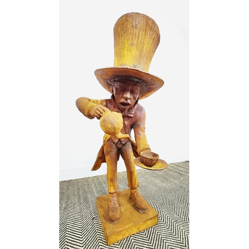 484 - MAD HATTER GARDEN SCULPTURE, cast iron with an oxidised finish, 108cm H x 45cm x 60cm.