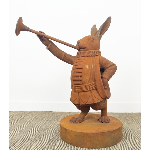 485 - WHITE RABBIT GARDEN SCULPTURE, cast iron with an oxidised finish, 95cm H x 65cm x 45cm.