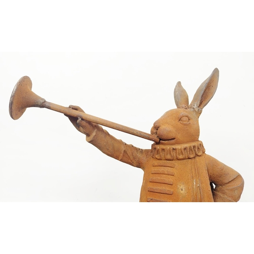 485 - WHITE RABBIT GARDEN SCULPTURE, cast iron with an oxidised finish, 95cm H x 65cm x 45cm.