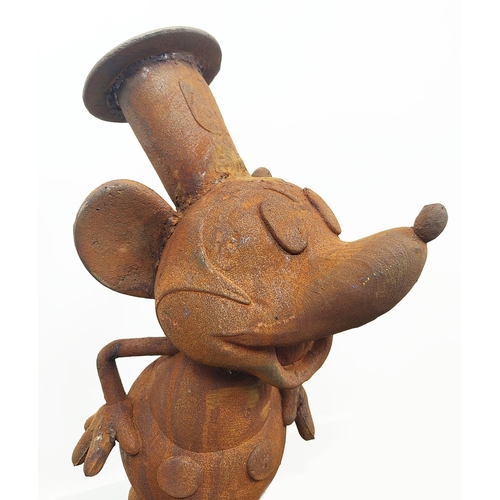 487 - MICKEY MOUSE GARDEN SCULPTURE, cast iron in an oxidised finish, 86cm H x 35cm x 68cm.