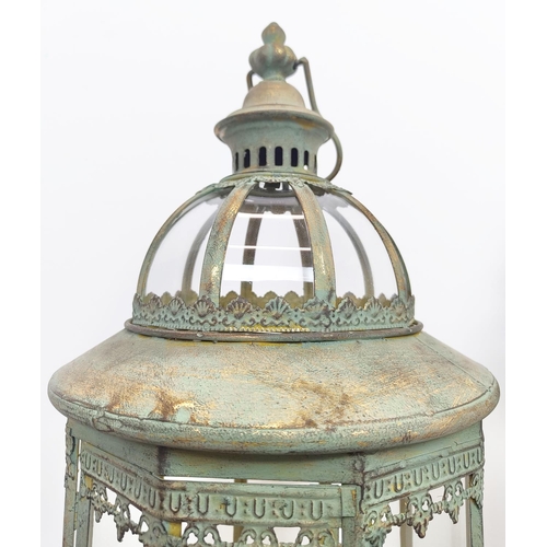 491 - LANTERNS, a pair, Regency style verdigris finish metal and glass, 83cm H x 27cm. (2)