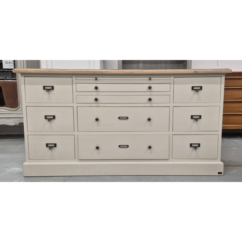 503 - BANK OF DRAWERS, with a pine top and painted base, 51cm x 63cm H x 156cm.