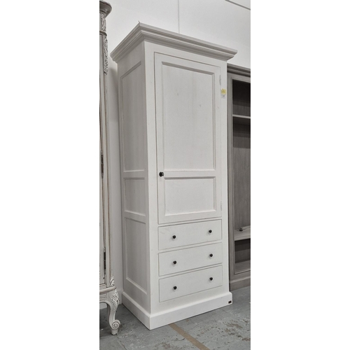 506 - TALL PRESS CUPBOARD, white painted with a cupboard over three drawers, 85cm x 211cm H x 60cm.