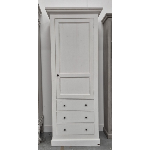 506 - TALL PRESS CUPBOARD, white painted with a cupboard over three drawers, 85cm x 211cm H x 60cm.