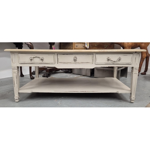 509 - COFFEE TABLE, with a wooden top and painted base, 68cm x 116cm x 49cm H.