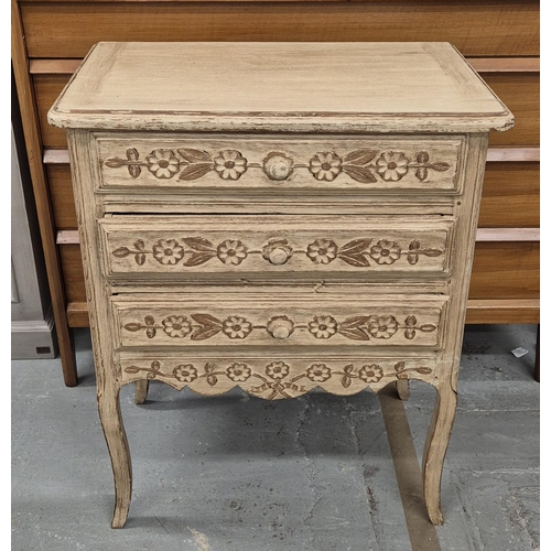 510 - SMALL COMMODE, with 3 carved drawers, 38cm x 62cm x 78cm H.